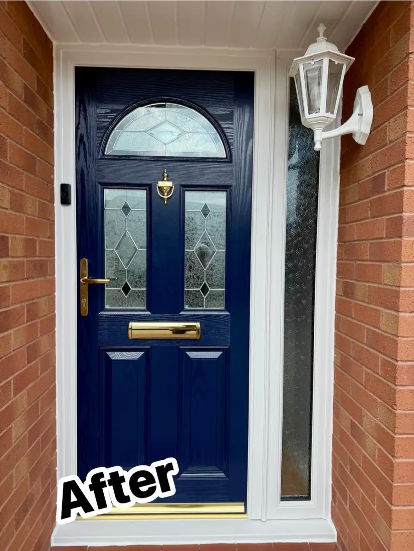 After: A new navy composite front door with gold handle and letterbox